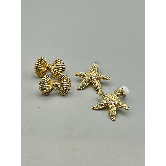 Signed Lilly Pulitzer Earrings Gold Bow & Starfish Studs Designer Signed Jewelry - Picture 3 of 9